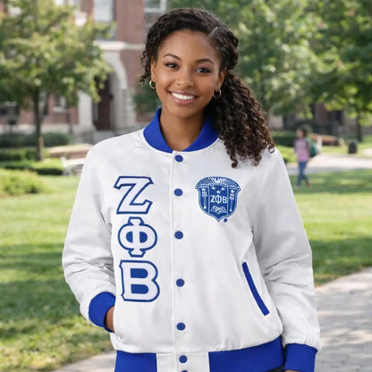 Royal Blue / White Zeta Phi Beta Varsity Line Jacket with personalized front, back, and sleeve embroidery