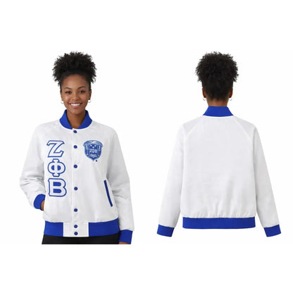 Royal Blue / White Zeta Phi Beta Varsity Line Jacket with personalized front, back, and sleeve embroidery