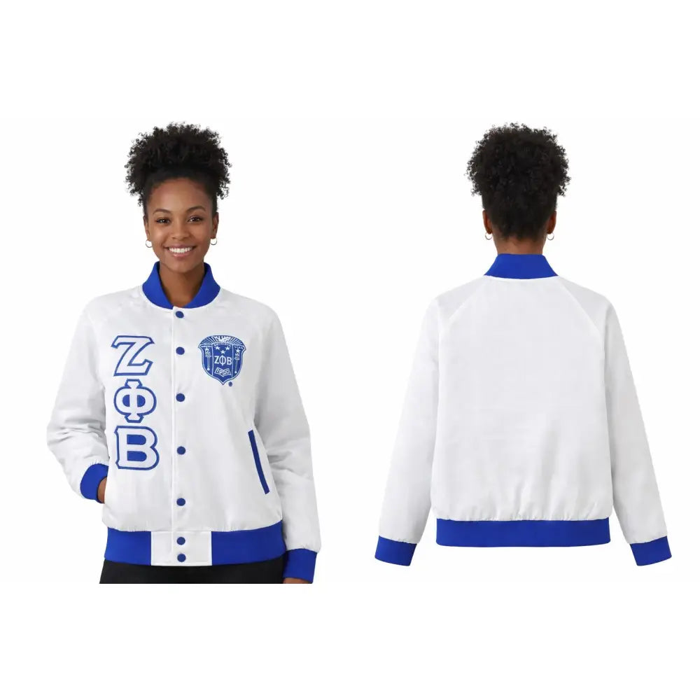 Royal Blue / White Zeta Phi Beta Varsity Line Jacket with personalized front, back, and sleeve embroidery