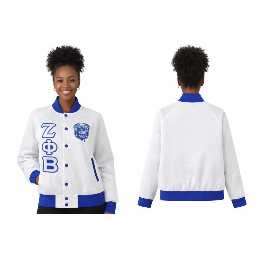 White / Red Zeta Phi Beta Satin Line Jacket with personalized front, back, and sleeve embroidery