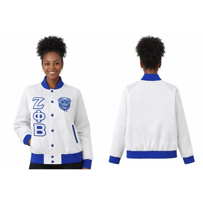 White / Red Zeta Phi Beta Satin Line Jacket with personalized front, back, and sleeve embroidery