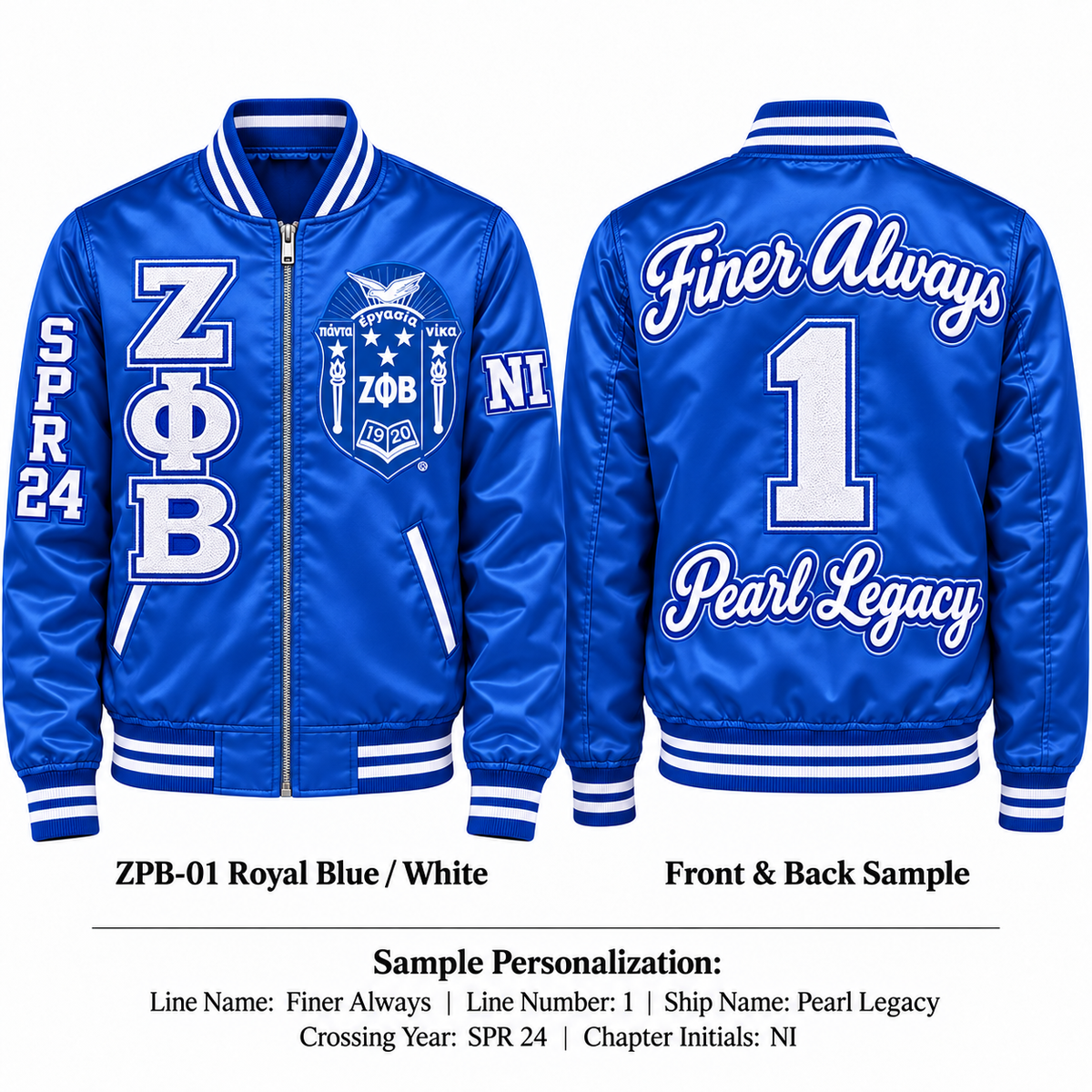 Royal blue and white Zeta Phi Beta satin bomber jacket shown front and back with sample line personalization