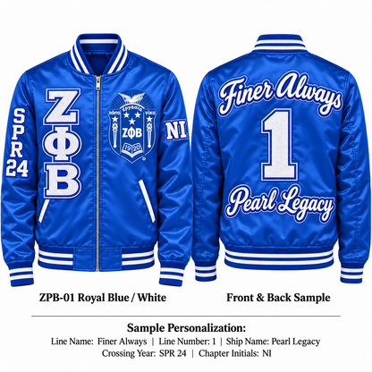Royal blue and white Zeta Phi Beta satin bomber jacket shown front and back with sample line personalization