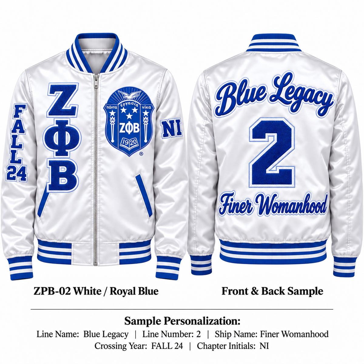 White and royal blue Zeta Phi Beta satin bomber jacket shown front and back with sample line personalization