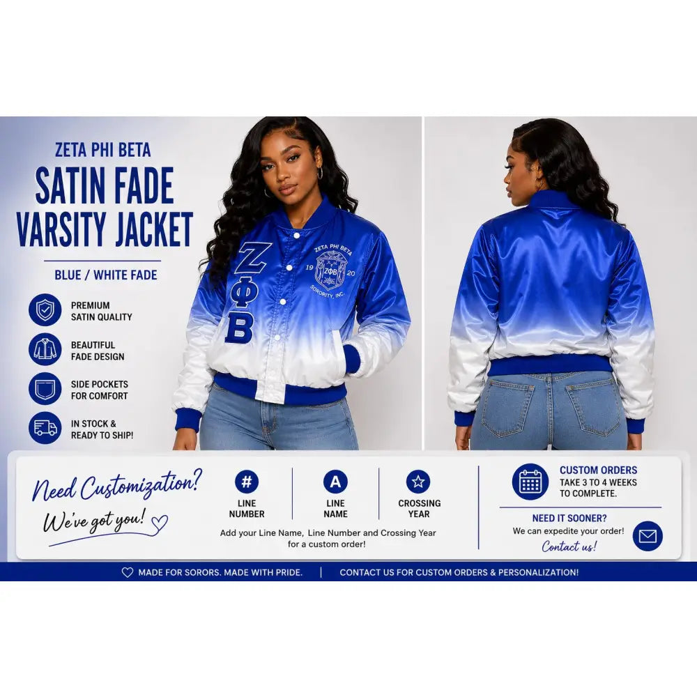 White / Red Zeta Phi Beta Varsity Line Jacket with personalized front, back, and sleeve embroidery