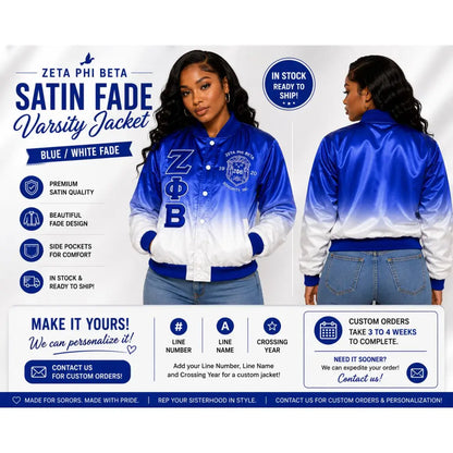 White / Red Zeta Phi Beta Varsity Line Jacket with personalized front, back, and sleeve embroidery