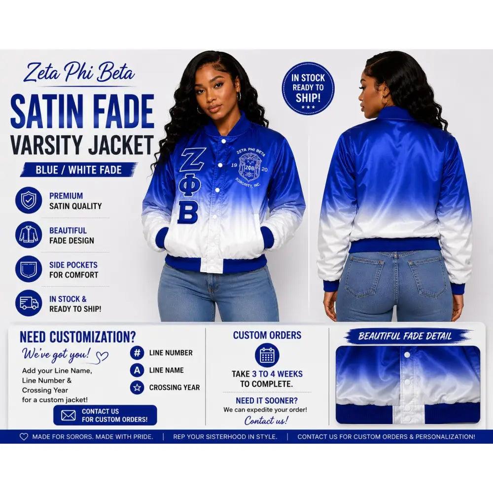 White / Red Zeta Phi Beta Varsity Line Jacket with personalized front, back, and sleeve embroidery