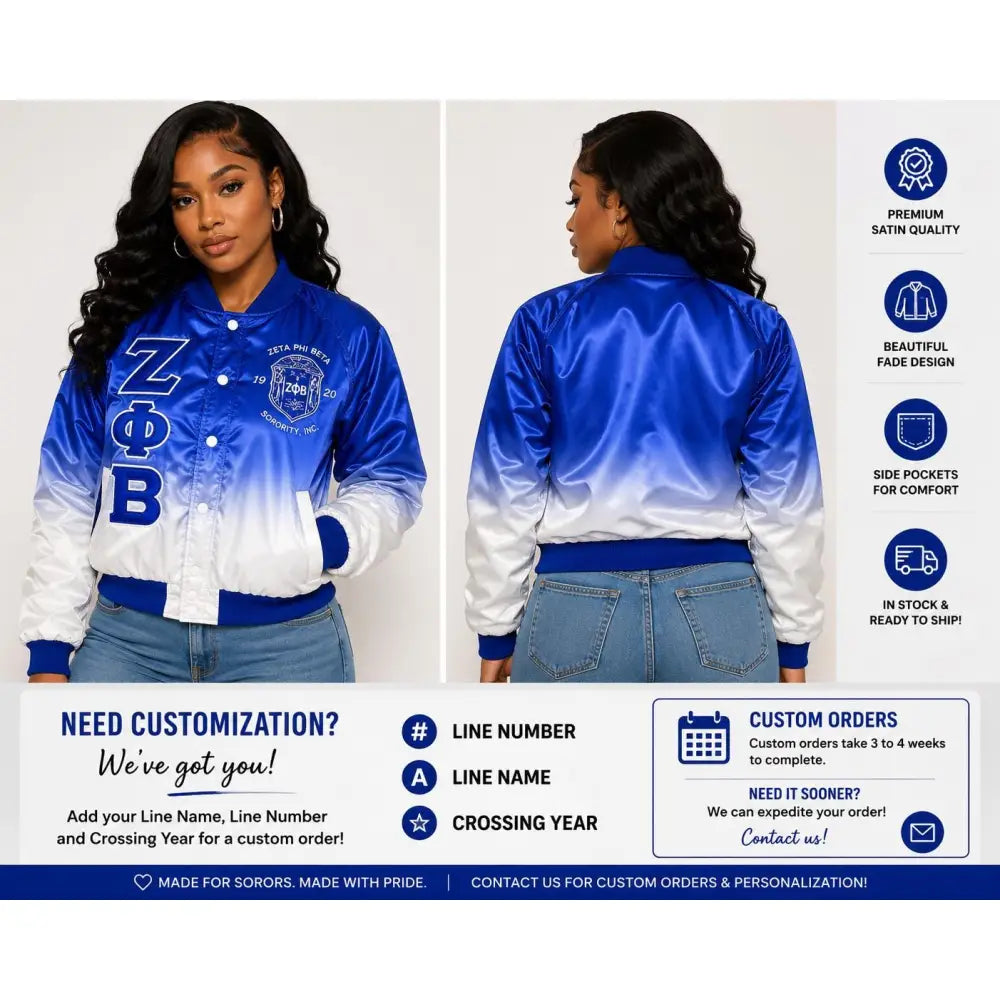 White / Red Zeta Phi Beta Varsity Line Jacket with personalized front, back, and sleeve embroidery