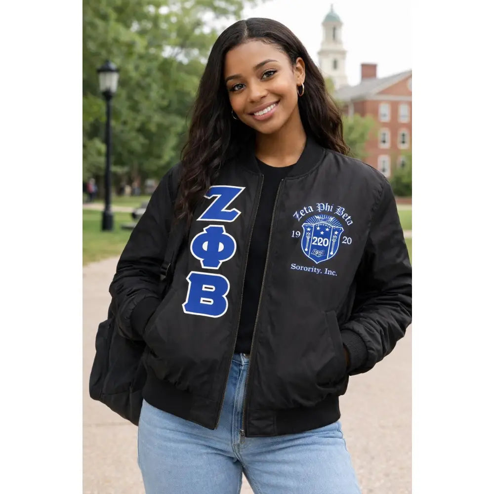 Red Zeta Phi Beta Satin Line Jacket with personalized front, back, and sleeve embroidery