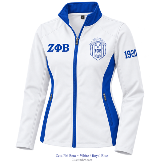 Zeta Phi Beta white and royal blue softshell jacket with crest, Greek letters, and 1920 sleeve embroidery