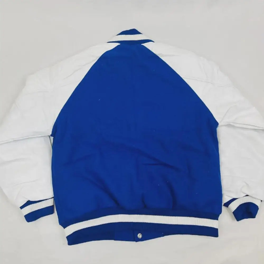 Red Zeta Phi Beta Varsity Line Jacket with personalized front, back, and sleeve embroidery