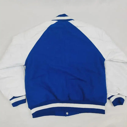 Red Zeta Phi Beta Varsity Line Jacket with personalized front, back, and sleeve embroidery