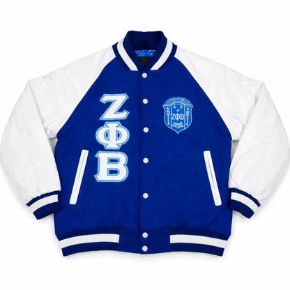White / Red Zeta Phi Beta Varsity Line Jacket with personalized front, back, and sleeve embroidery