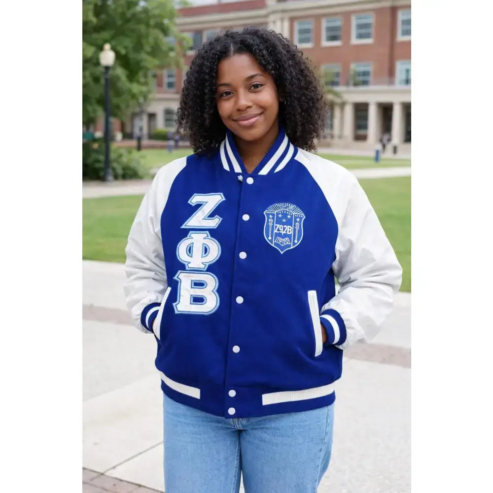 Custom White Zeta Phi Beta Leather Wool Varsity Jacket modeled view of personalized sorority apparel