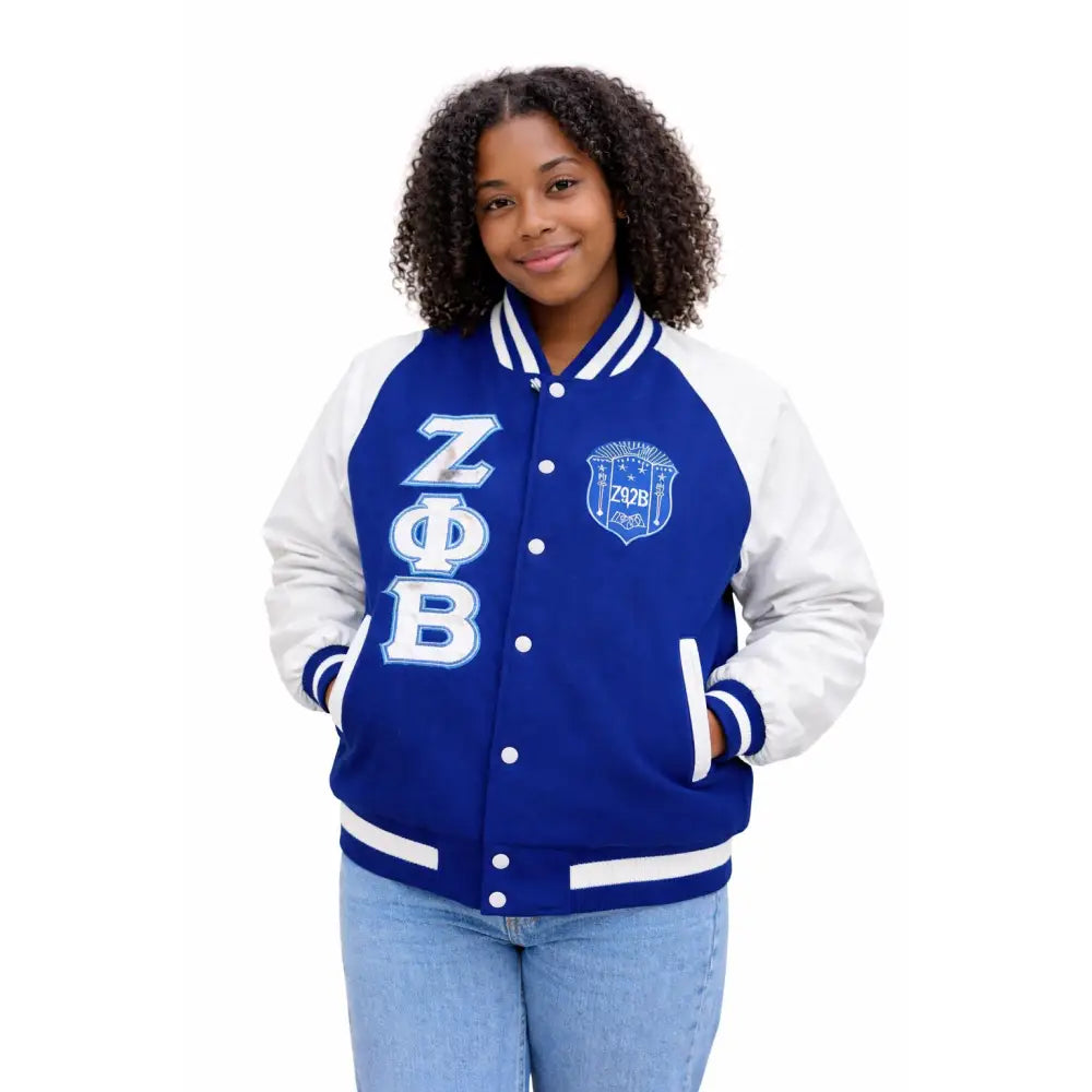 White / Red Zeta Phi Beta Varsity Line Jacket with personalized front, back, and sleeve embroidery