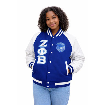 Custom White Zeta Phi Beta Leather Wool Varsity Jacket front and back personalized product display
