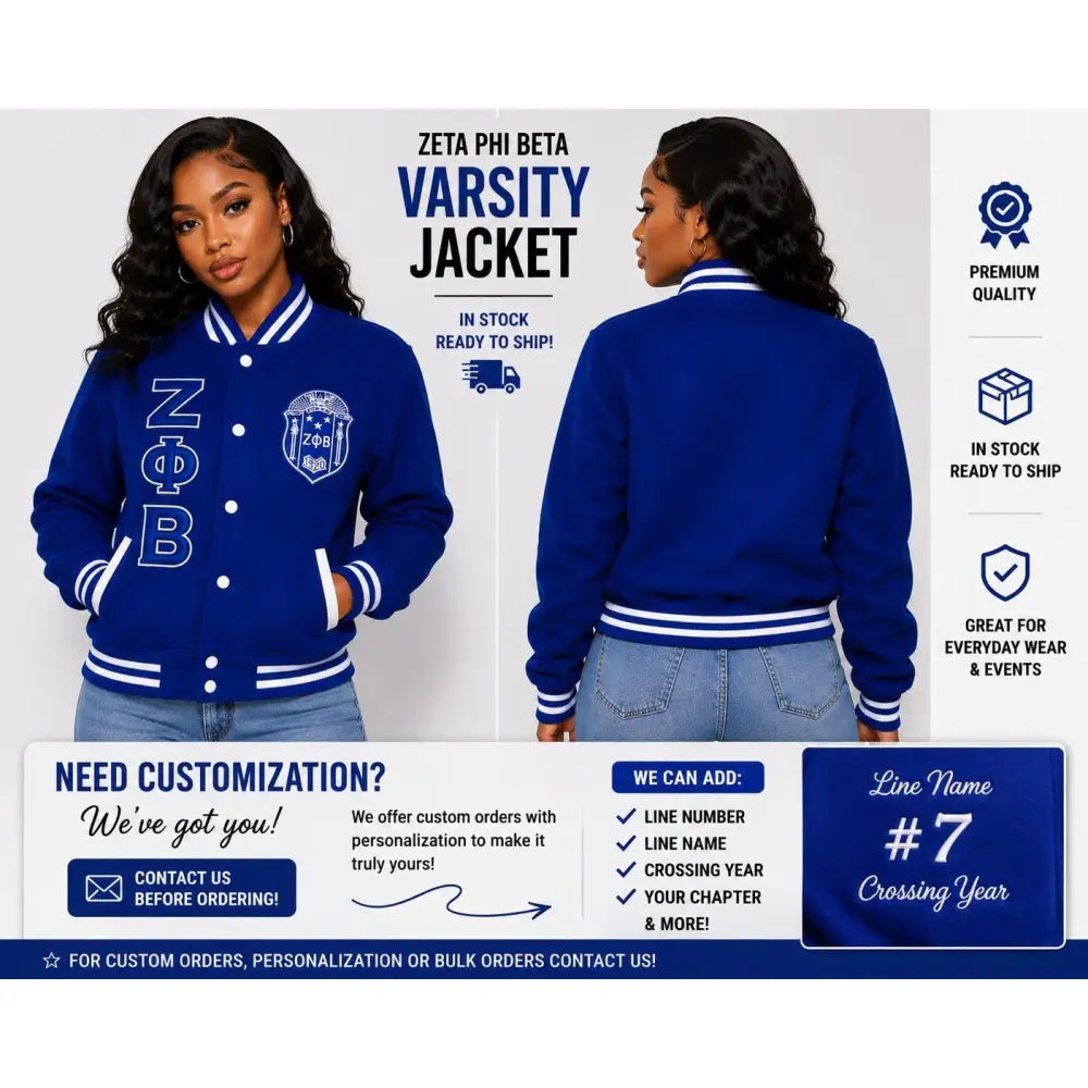 White / Red Zeta Phi Beta Varsity Line Jacket with personalized front, back, and sleeve embroidery