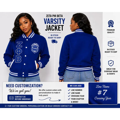 White / Red Zeta Phi Beta Varsity Line Jacket with personalized front, back, and sleeve embroidery
