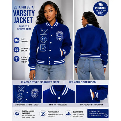 White / Red Zeta Phi Beta Varsity Line Jacket with personalized front, back, and sleeve embroidery