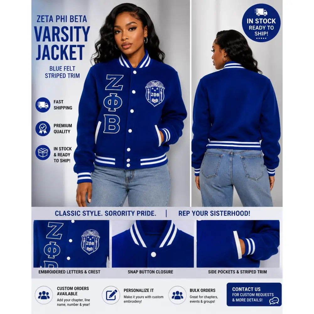 White / Red Zeta Phi Beta Varsity Line Jacket with personalized front, back, and sleeve embroidery