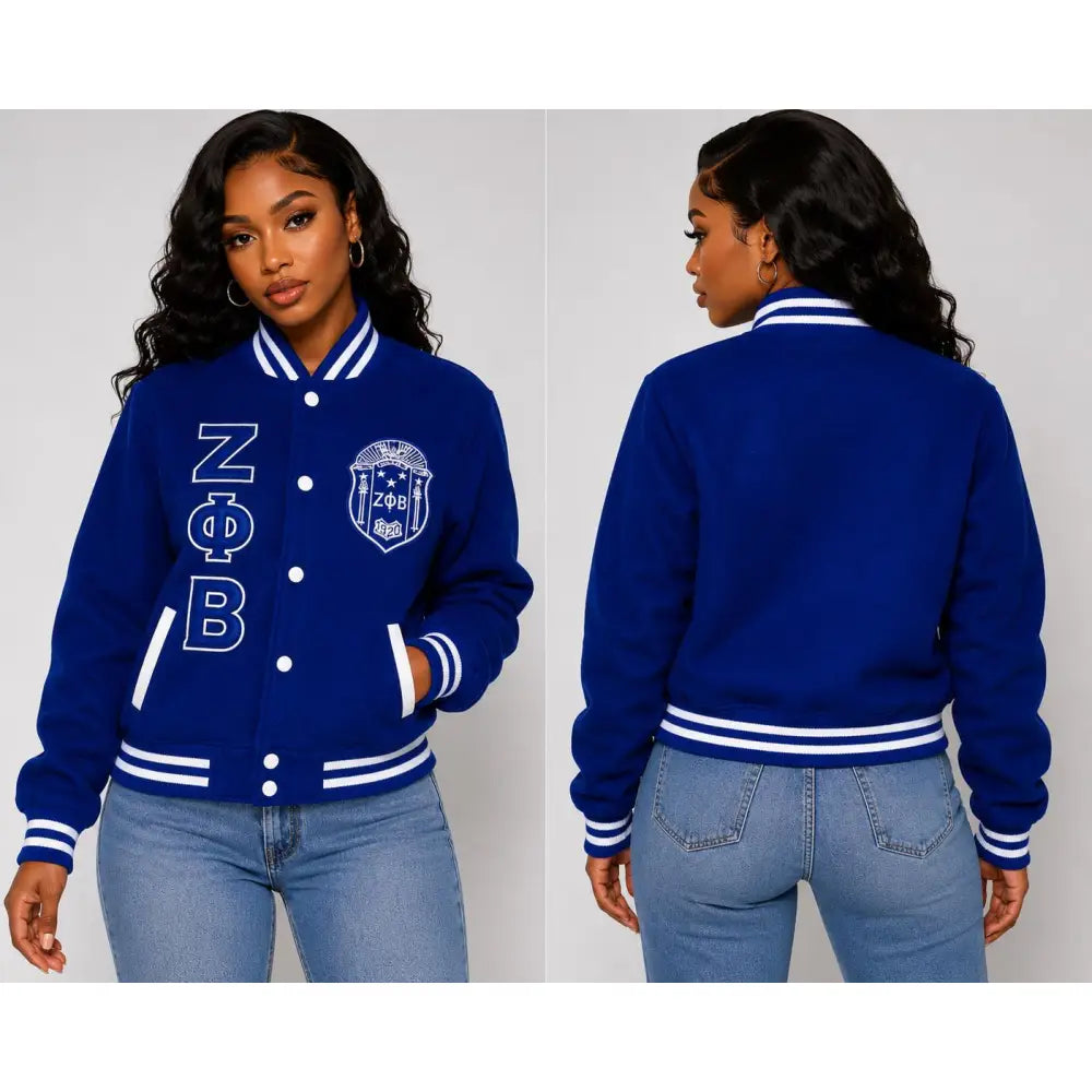 White / Red Zeta Phi Beta Varsity Line Jacket with personalized front, back, and sleeve embroidery