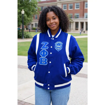 White / Red Zeta Phi Beta Varsity Line Jacket with personalized front, back, and sleeve embroidery
