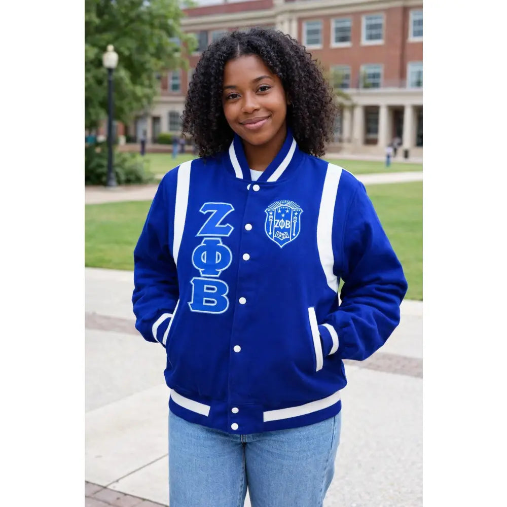 White / Red Zeta Phi Beta Varsity Line Jacket with personalized front, back, and sleeve embroidery