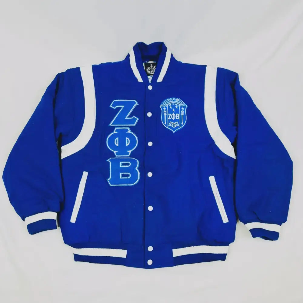 White / Red Zeta Phi Beta Varsity Line Jacket with personalized front, back, and sleeve embroidery