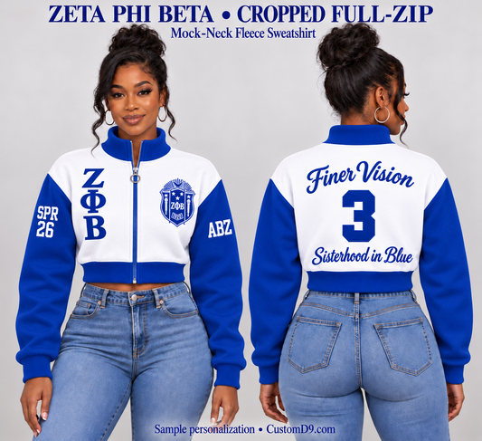 Zeta Phi Beta white and royal blue cropped mock-neck full-zip sweatshirt, front and back model views with sample custom embroidery