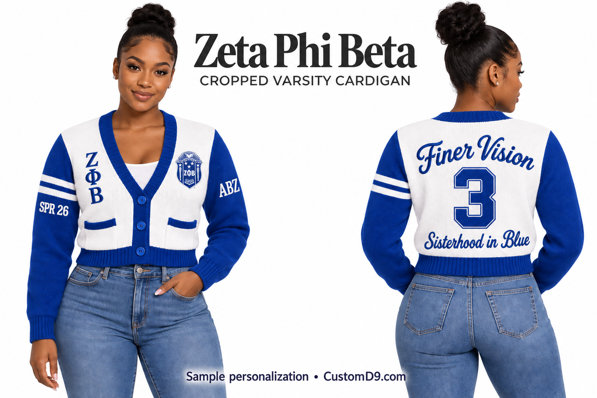 Zeta Phi Beta white and royal blue cropped varsity cardigan, front and back model views with sample chest, sleeve, and back embroidery