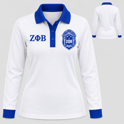 Zeta Phi Beta white long-sleeve polo with royal blue collar, placket, and cuffs, front and back views