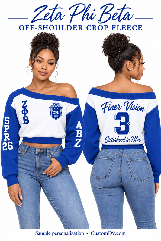 Zeta Phi Beta white and royal blue off-shoulder cropped sweatshirt, front and back model views with sample custom embroidery