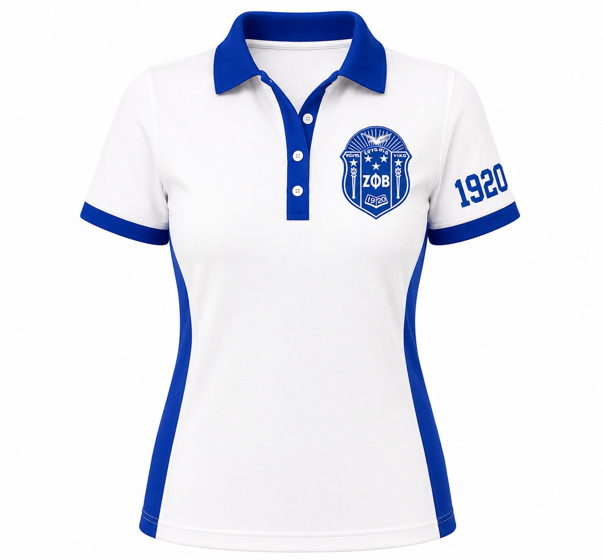 Zeta Phi Beta white panel polo with royal blue collar, side panels, crest, and 1920 sleeve embroidery