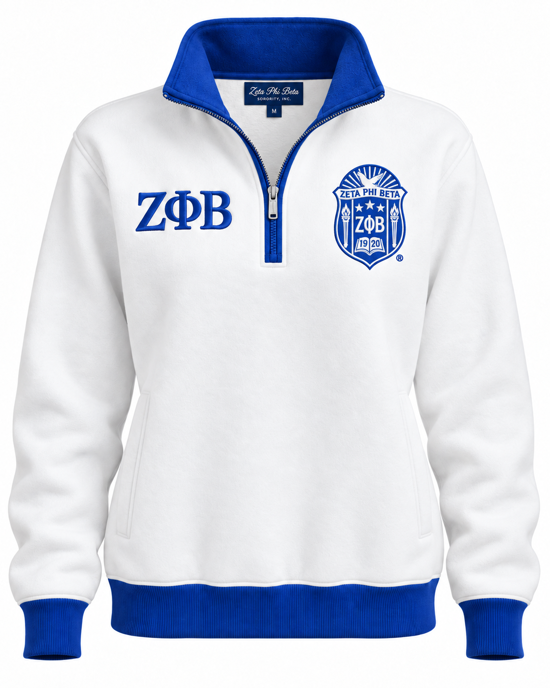 Zeta Phi Beta white and royal blue quarter-zip sweatshirt with Greek letters and crest