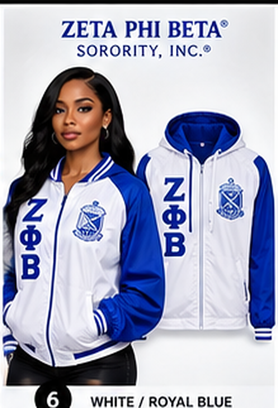 Zeta Phi Beta white and royal blue embroidered windbreaker with Zeta letters and crest