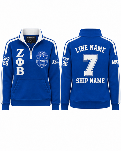 Front and back views of a Zeta Phi Beta royal blue and white custom quarter-zip