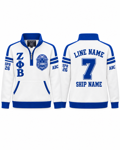 Front and back views of a Zeta Phi Beta white and royal blue custom quarter-zip