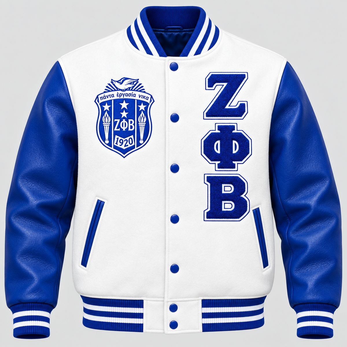 Zeta Phi Beta reverse color classic varsity jacket with white wool body, royal blue leather sleeves, crest and stacked Zeta Phi Beta letters