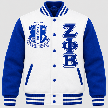Zeta Phi Beta reverse color classic varsity jacket with white wool body, royal blue wool sleeves, crest and stacked Zeta Phi Beta letters