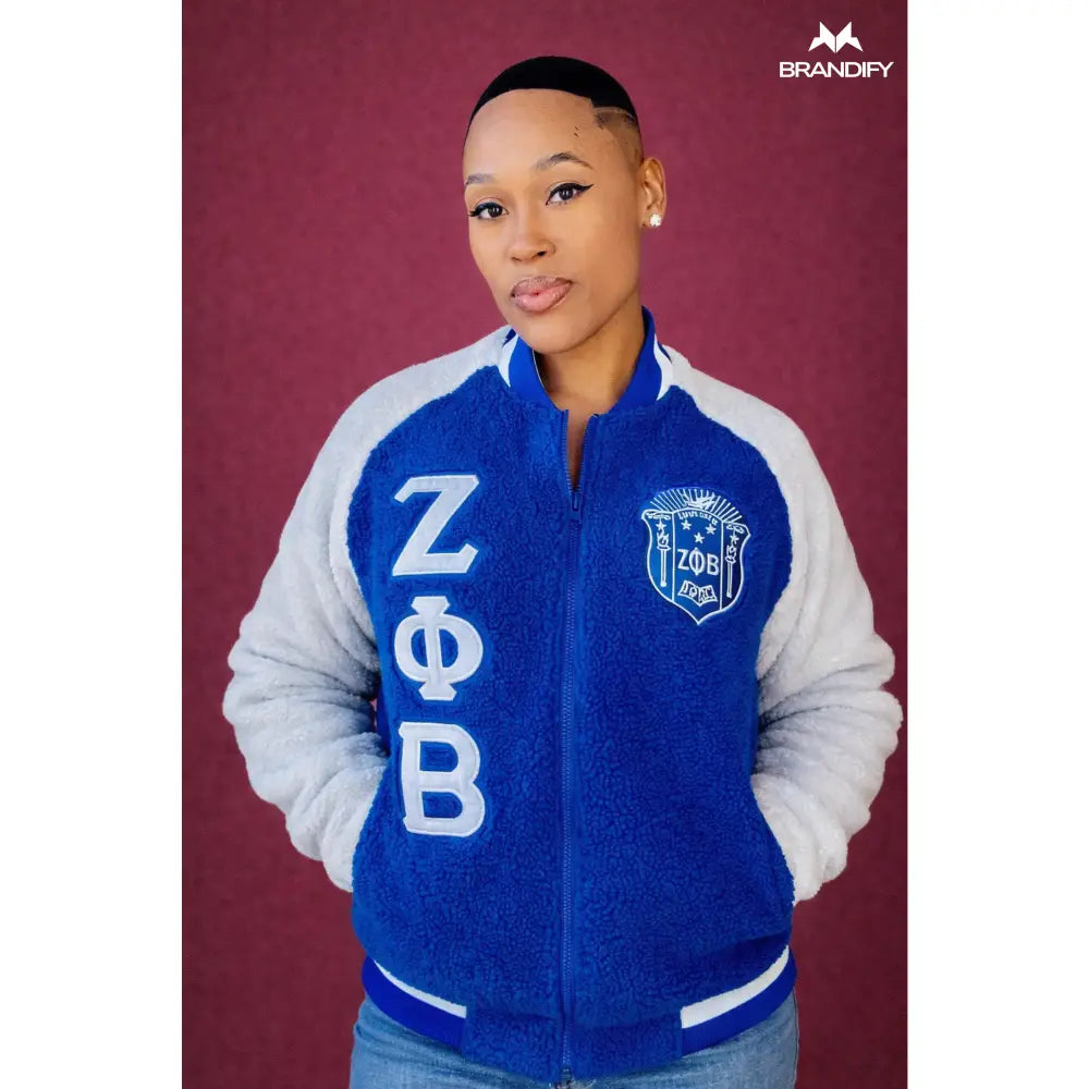 Custom Zeta Phi Beta Reversible Sherpa Bomber Jacket back view with personalized Greek details
