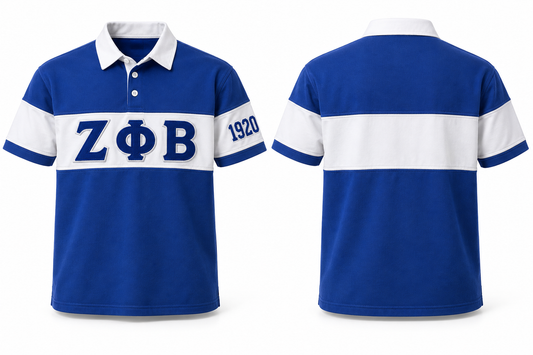 Zeta Phi Beta royal blue and white sewn-panel rugby polo front and back