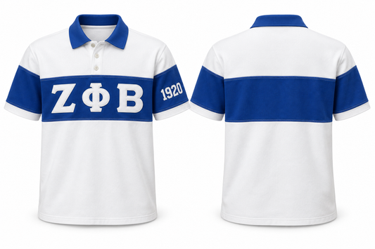 Zeta Phi Beta white and royal blue sewn-panel rugby polo front and back