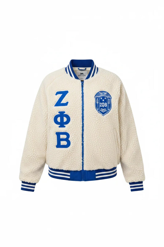 Custom Zeta Phi Beta Sherpa Bomber Jacket front view with organization-inspired bomber design