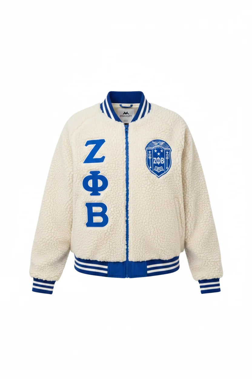 Custom Zeta Phi Beta Sherpa Bomber Jacket front view with organization-inspired bomber design