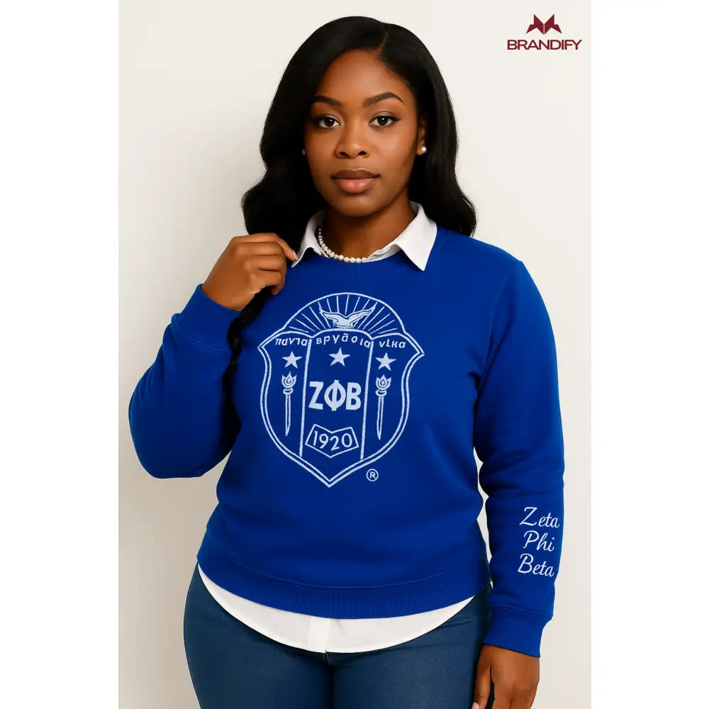 Custom Zeta Phi Beta Chenille Tee Style 2 front view with personalized royal blue and white design