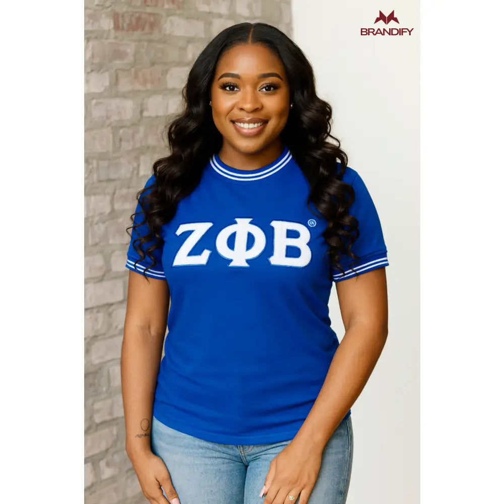 Custom Zeta Phi Beta Chenille Tee front view with personalized royal blue and white design